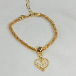 PULSEIRA TRANÇADA COM PINGENTE DE CORAÇÃO CRAVEJADO