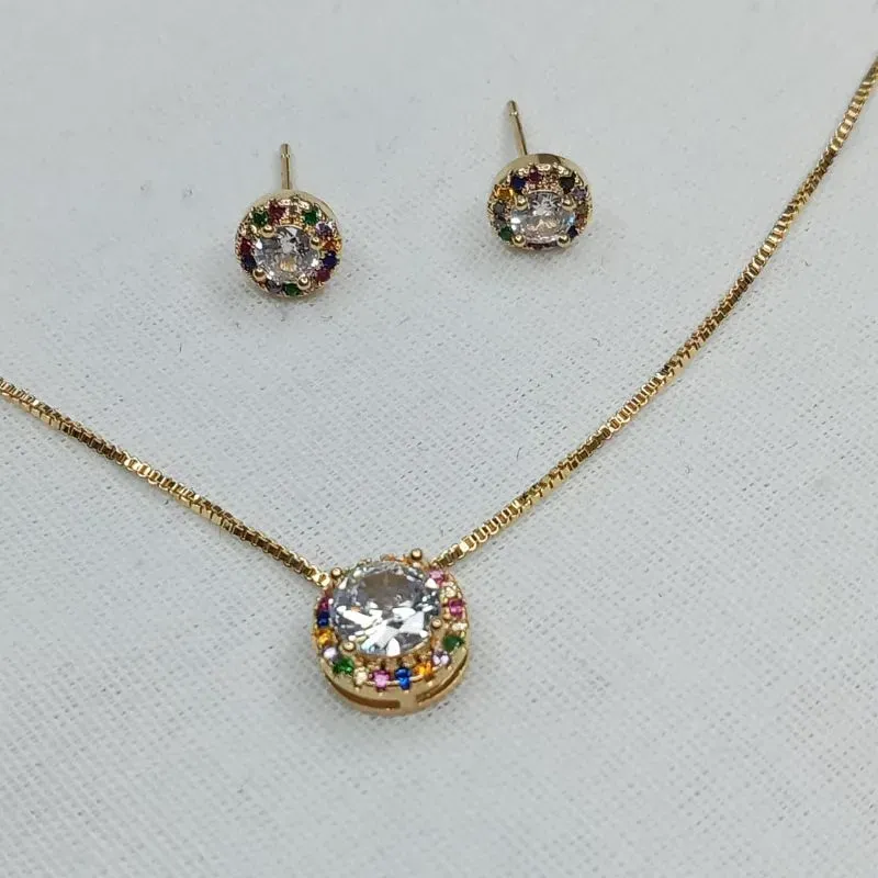 CONJUNTO ZIRCONIA REDONDO CRAVEJADO COLORIDO