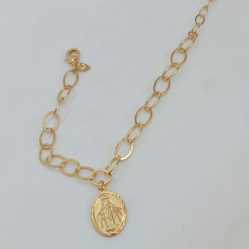 PULSEIRA ELOS ACHATADOS C/ PINGENTE NOSSA SENHORA DAS GRACAS
