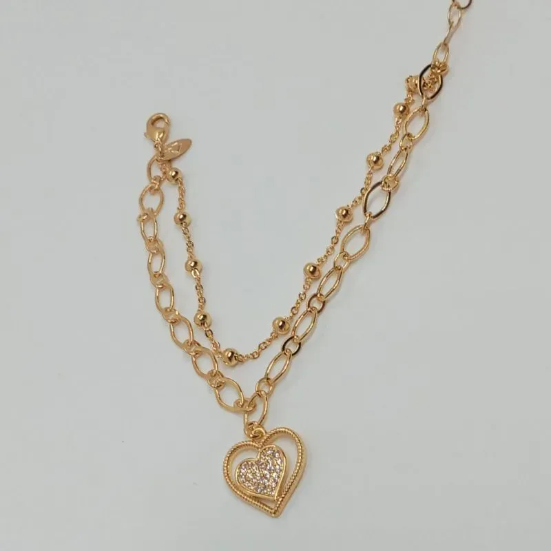 PULSERIA DUPLA  FIO BOLINHA C/ PINGENTE CORACAO CRAVEJADO