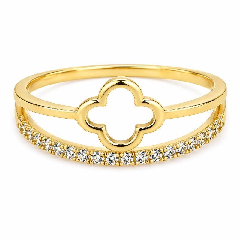 ANEL TREVO LISO VAZADO UM FILETE CRAVEJADO