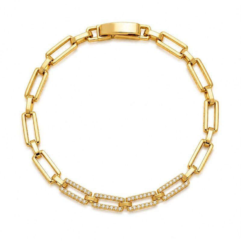 PULSEIRA  ELOS RETANGULAR VAZADO C/3 ELOS CRAVEJADOS