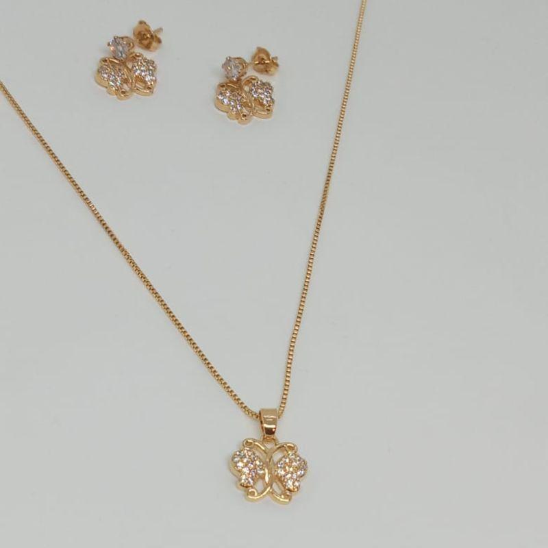 CONJUNTO BRINCO E GARGANTILHA BORBOLETA CRAVEJADO