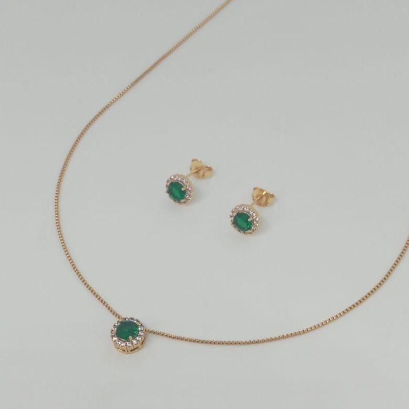 CONJUNTO GARGANTILHA E BRINCO ZIRCONIA VERDE/ ROSA CRAVEJADO AO REDOR