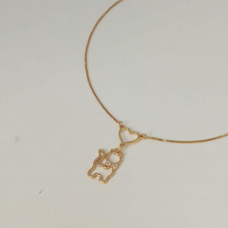GARGANTILHA VENEZAINA C/ PINGENTE GATO/CACHORRO DETALHE EM ZIRCONIA