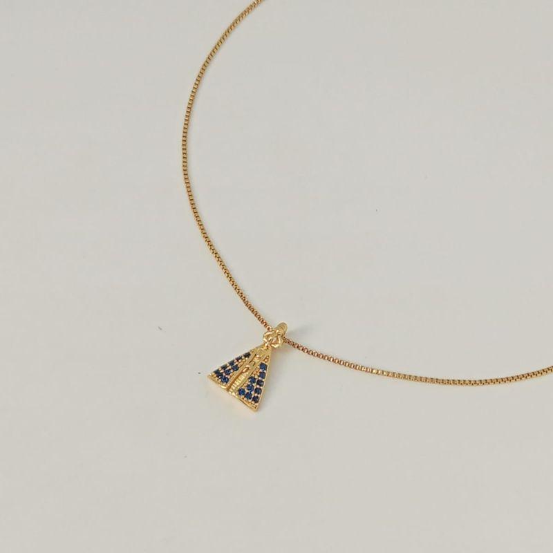 GARGANTILHA VENEZIANA C/ PINGENTE NOSSA SENHORA APARECIDA CRAVEJA DA ZIRCONIA ZUL