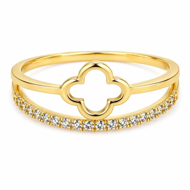 ANEL TREVO LISO VAZADO UM FILETE CRAVEJADO