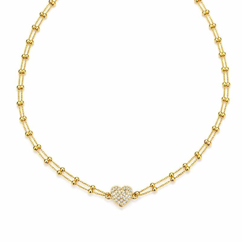 GARGANTILHA VENEZAINA DUPLA C/ BOLINHAS PINENTE CORACAO CRAVEJADO 35 CM