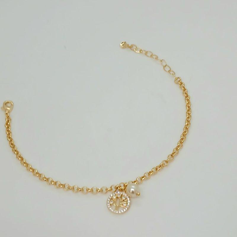 PULSEIRA PORTUGUESA FINA C/ PINGENTE ARVORE DA VIDA E PEROLA