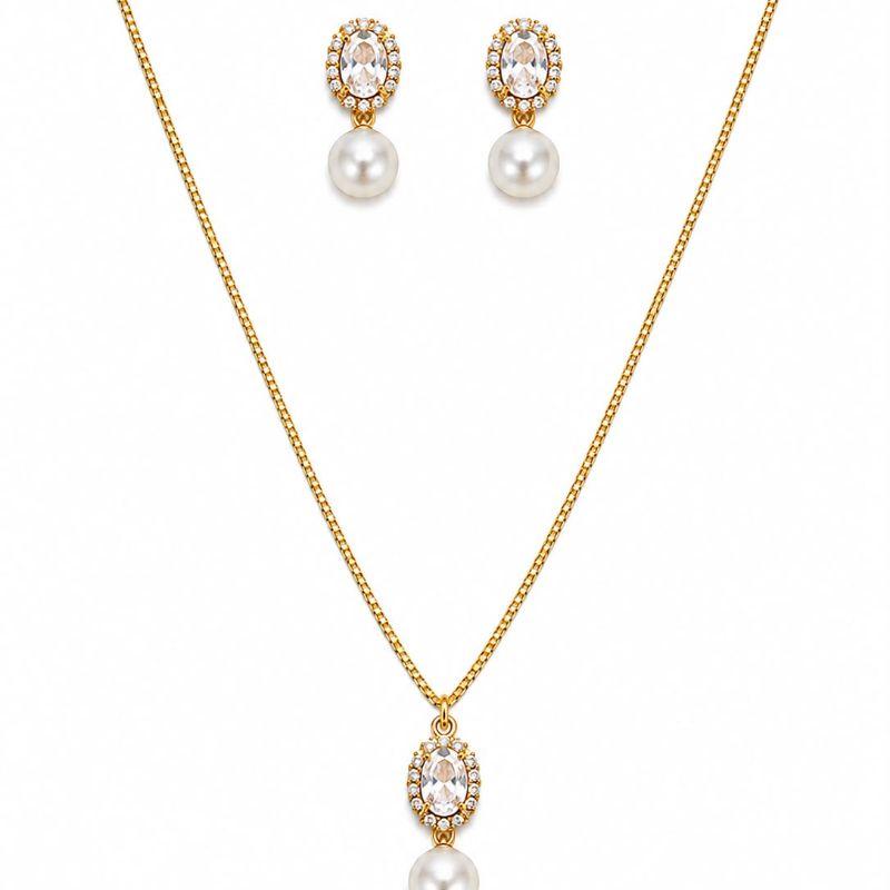 CONJUNTO GARGANTILHA E BRINCO ZIRCONIA OVAL CRAVEJADO C/ PEROLA NA PONTA