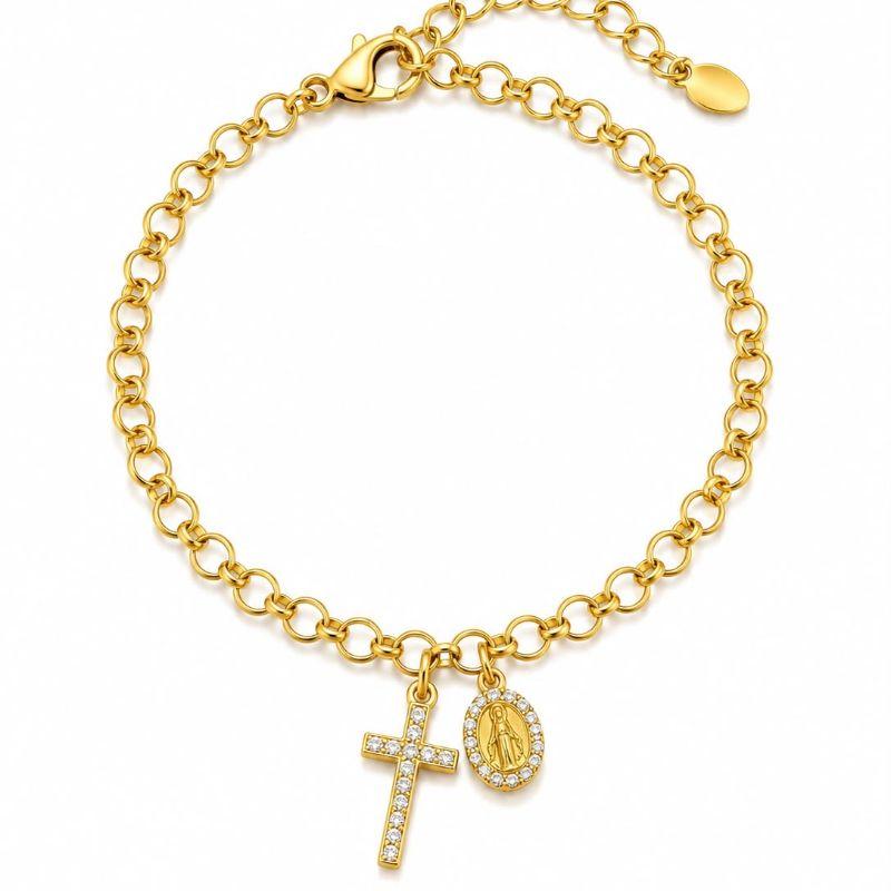 PULSEIRA ELOS IGUAIS C/ PINGENTE CRUZ E NOSSA SENHORA CRAVEJADO